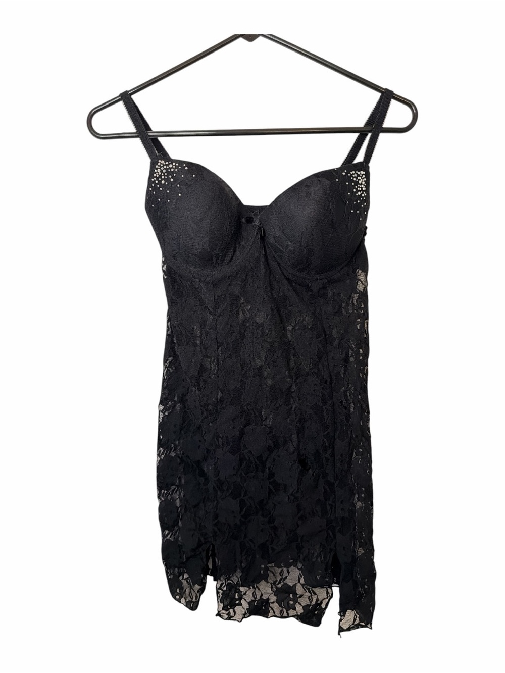 smart & sexy Black Lace Padded Slip with Rhinestone Accents